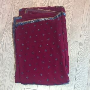 Burgundy Sari With Beaded Border Embellished Fabric With Blouse - M